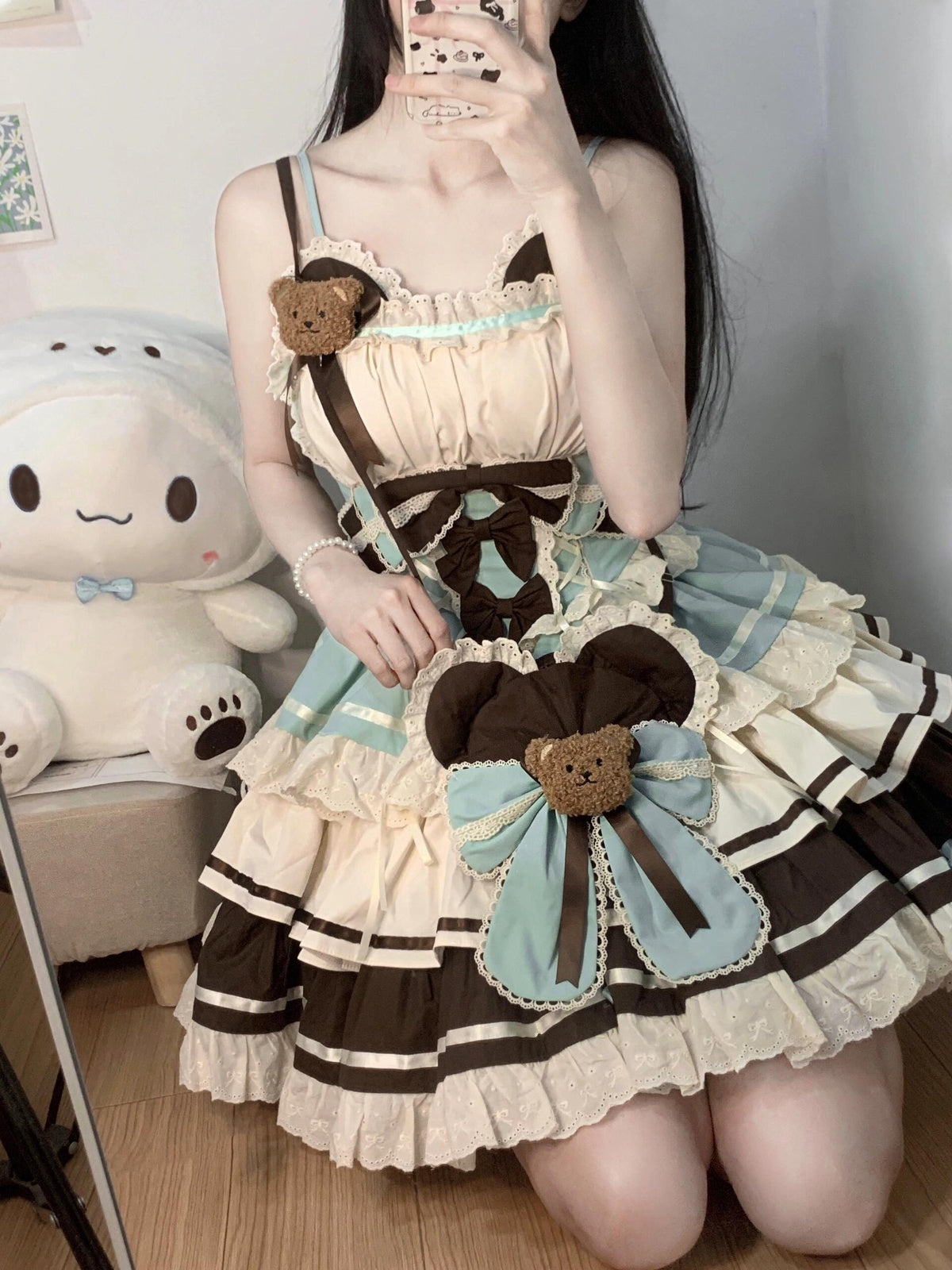 Sweet Chocolate Bear Lolita JSK Dress Full Set with Plush Bag