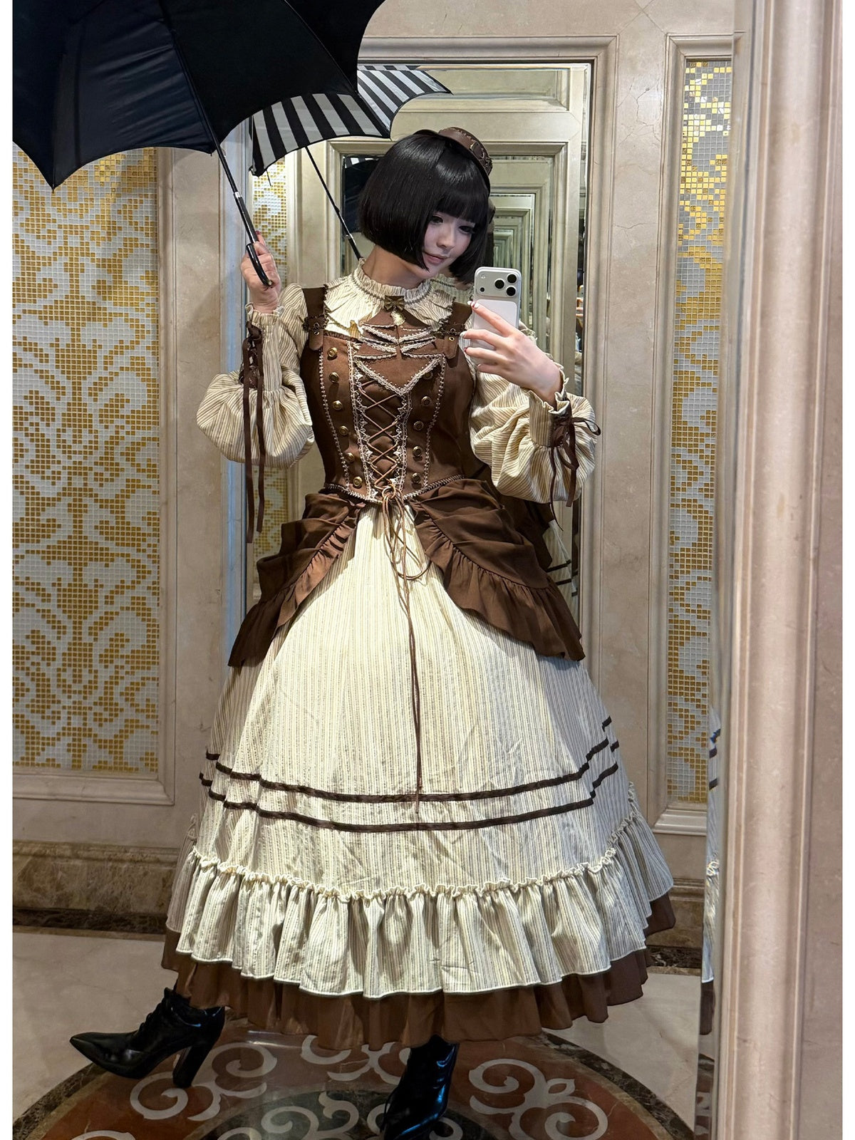 Long Ruffle Lolita OP Set with Corset, Drape & Brooch