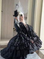 Black Gothic Lolita Dress Set - Long Sleeve Halloween Cosplay Outfit