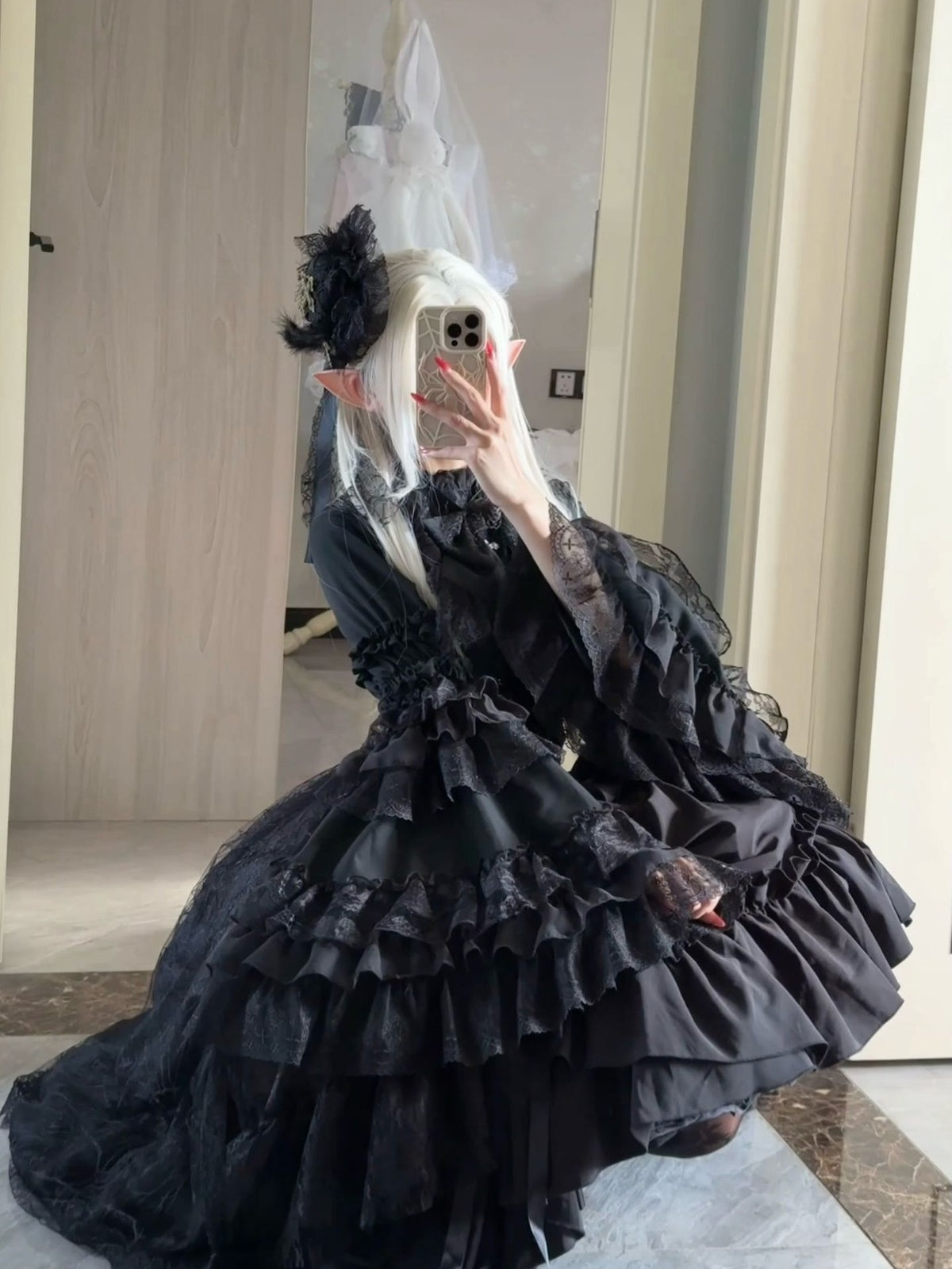 Black Gothic Lolita Dress Set - Long Sleeve Halloween Cosplay Outfit