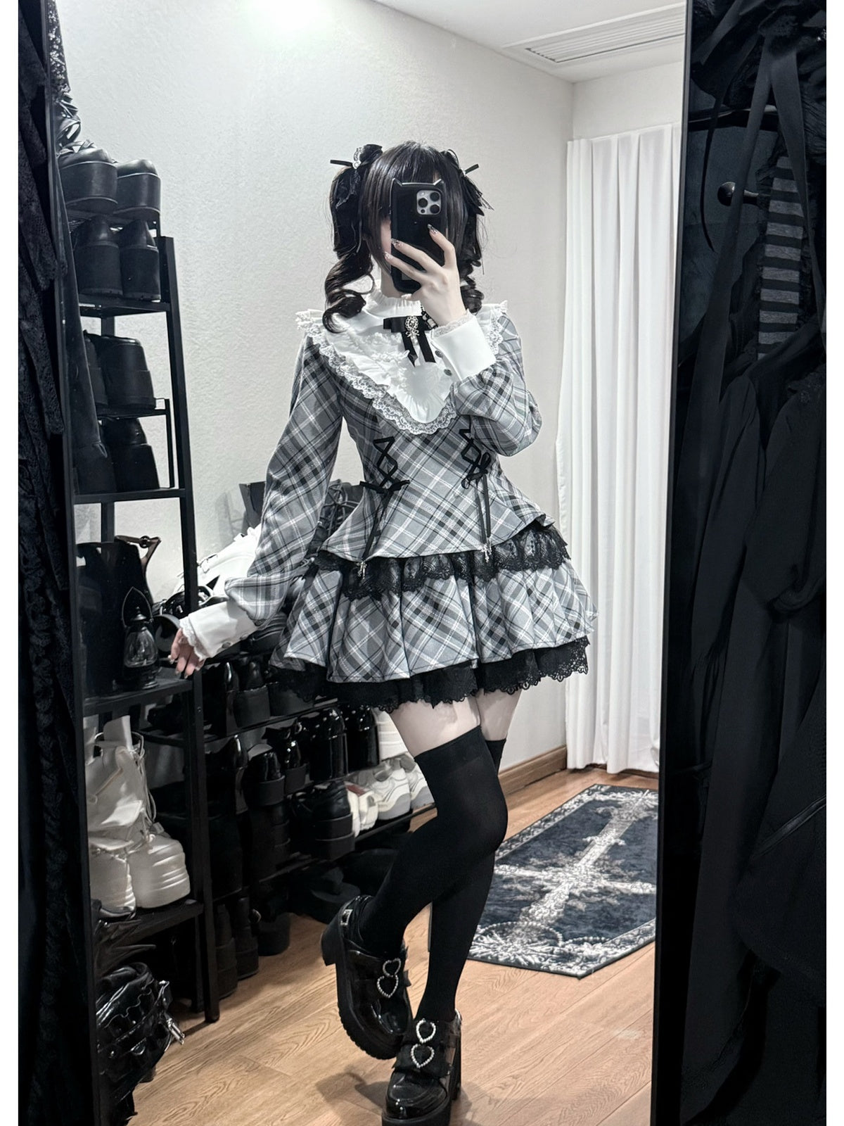 Gingham Sweet Lolita Ruffle Dress Set with Slim Panel Cut