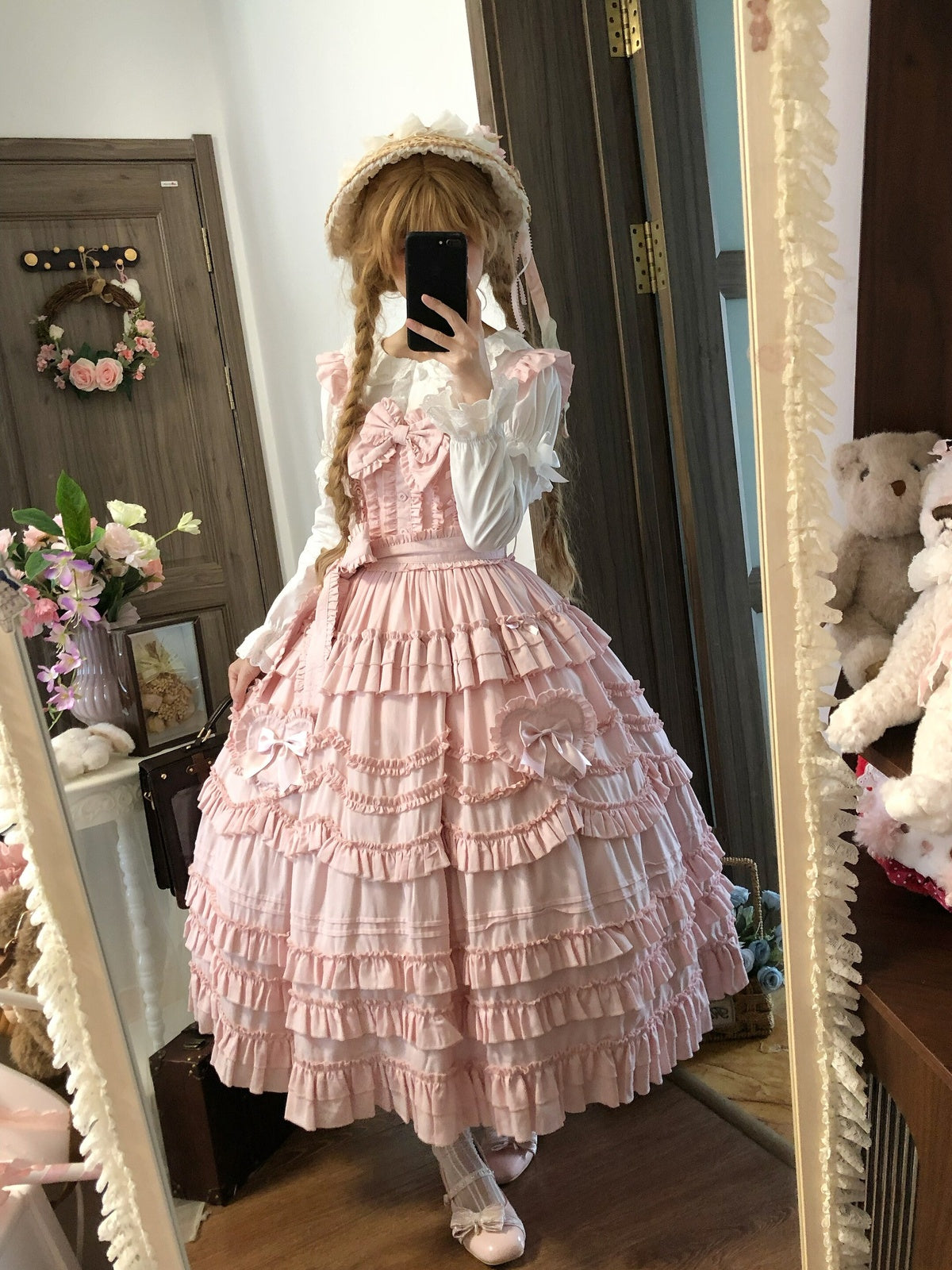 Pink Classical Lolita JSK Dress with Headband | Winter Gown