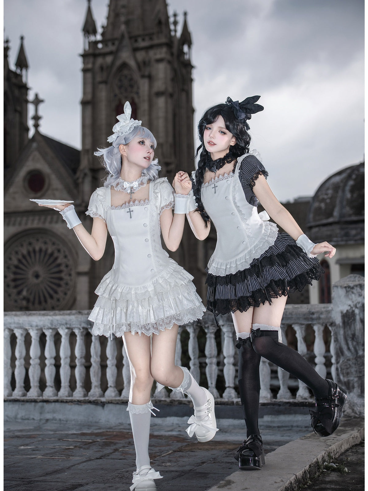 White Sweet Lolita Puff Skirt OP Set with Top Hat & Sleeves