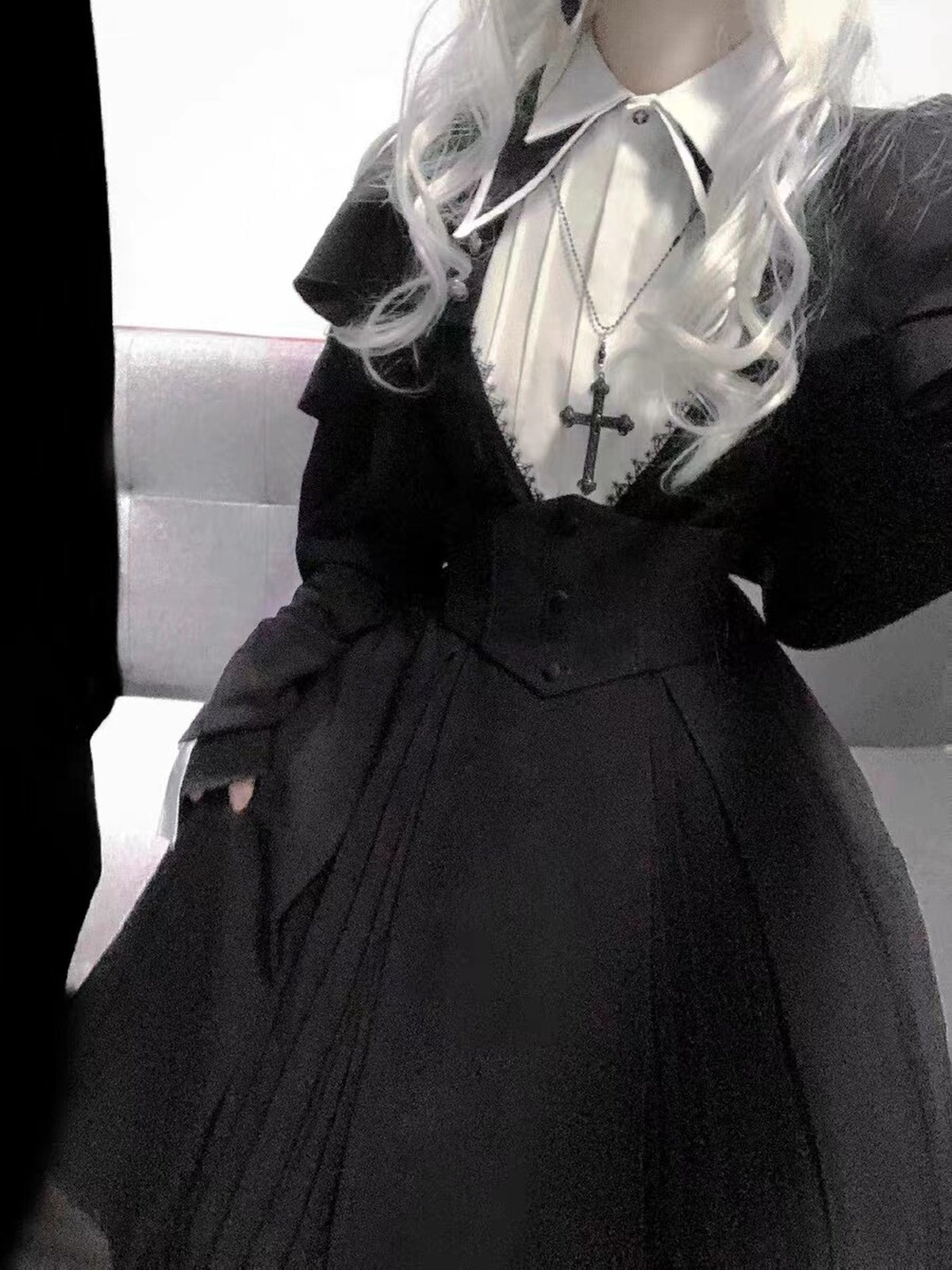 Black Gothic Nun Lolita OP Set with Cape & Necklace