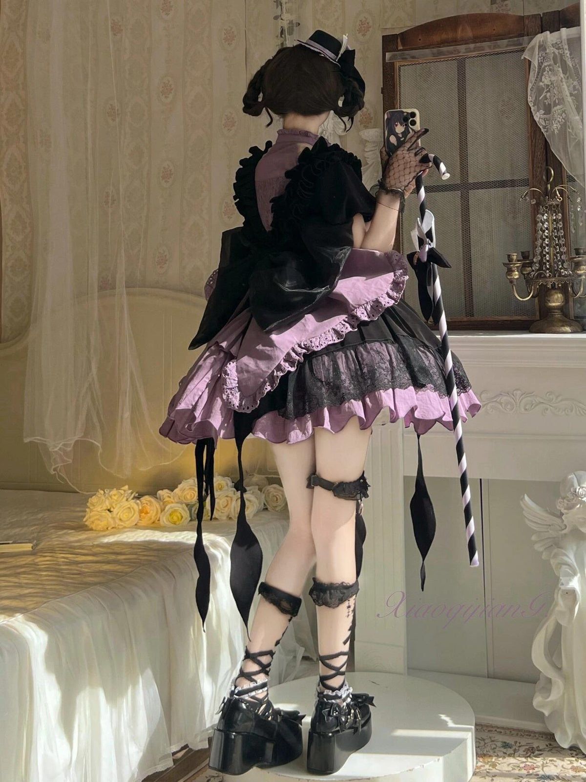 Black and Purple Gothic Lolita Dress Set for Halloween Cosplay