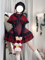 Red Plaid Lolita Dress Set with Bowknot Cape & Blouse Full Set