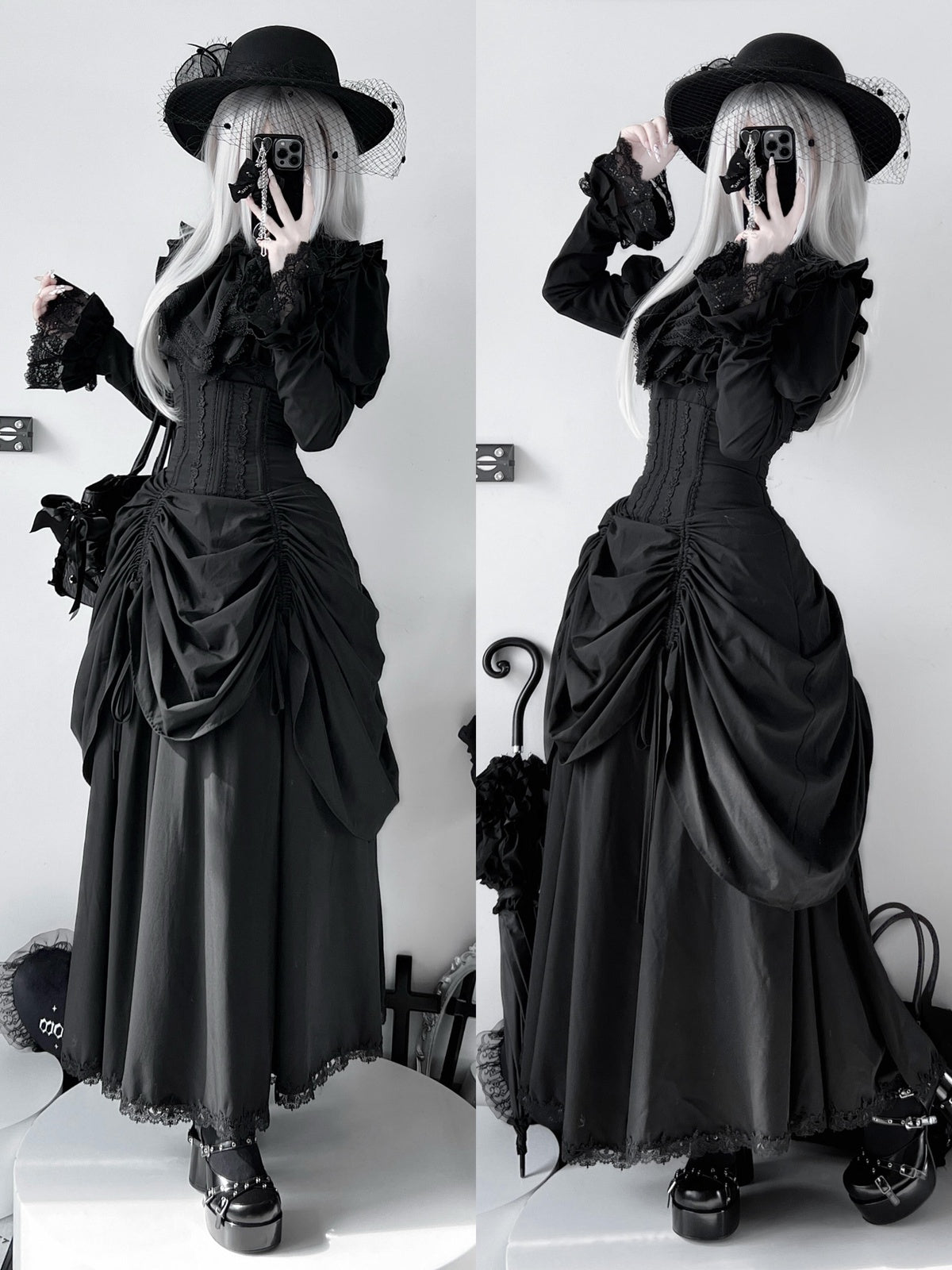 Gothic Witch Lolita Dress Set with Corset Blouse & Bustle Skirt
