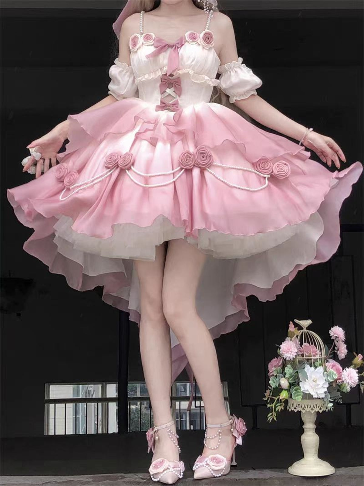 Sweet Pink Gradient Lolita Dress: High-Low Princess Wedding Gown