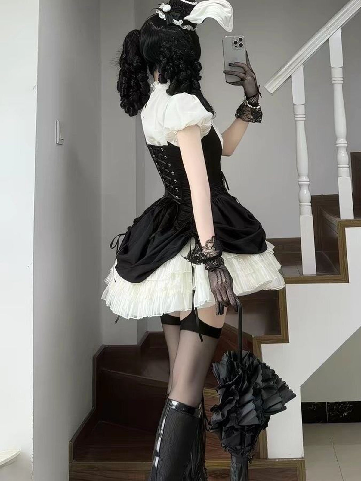 Gothic Black Rabbit Lolita JSK Dress & Blouse Set with Bowknot