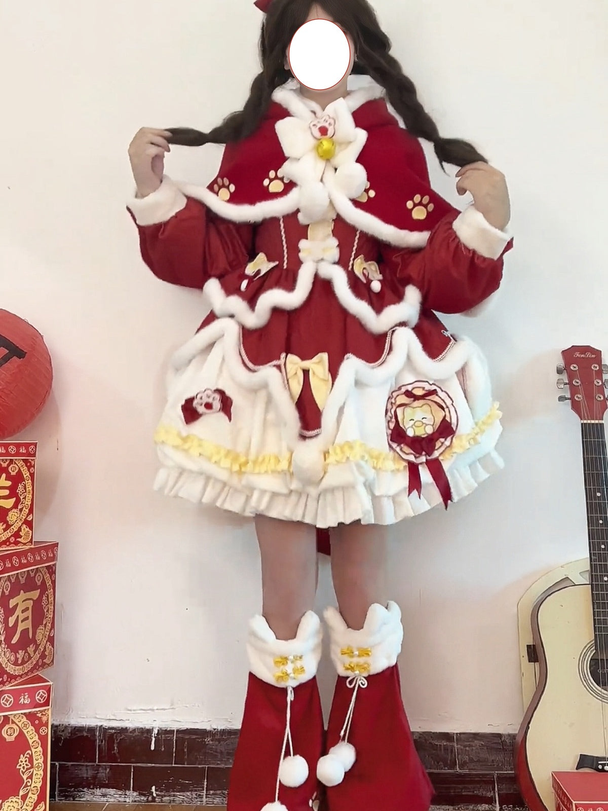 Red New Year & Christmas Lolita Dress Full Set with Cloak & Train