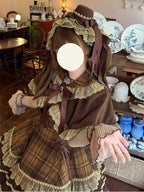 Brown Plaid Lolita Dress Set with Vintage Cape & Long Sleeve Blouse