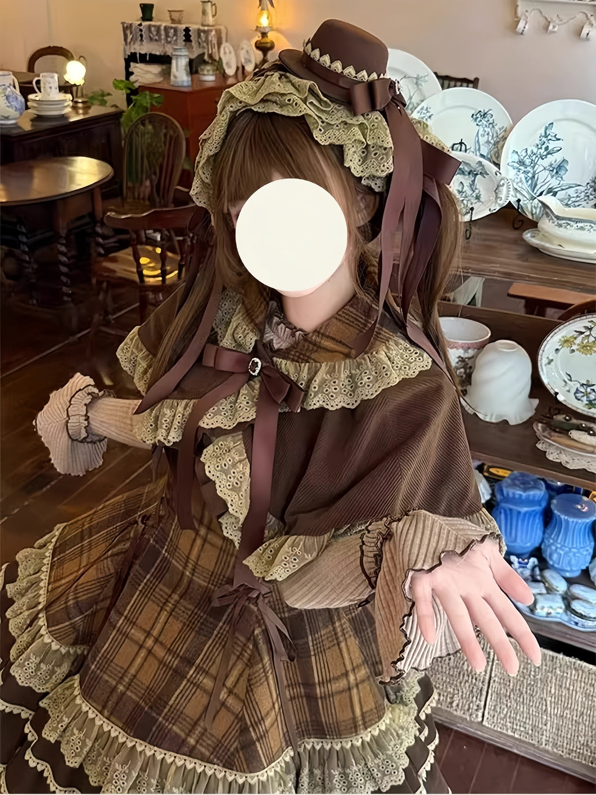 Brown Plaid Lolita Dress Set with Vintage Cape & Long Sleeve Blouse