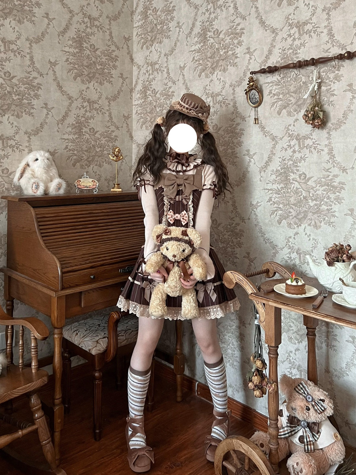 Tiramisu Brown Sweet Lolita JSK Dress Set with Knit Blouse