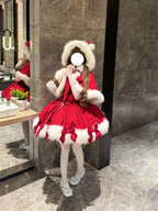 Red Christmas Lolita Dress Full Set with Winter Furry Cape