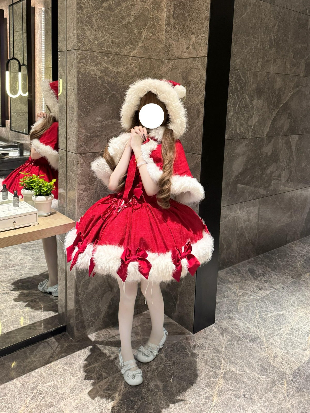 Red Christmas Lolita Dress Full Set with Winter Furry Cape