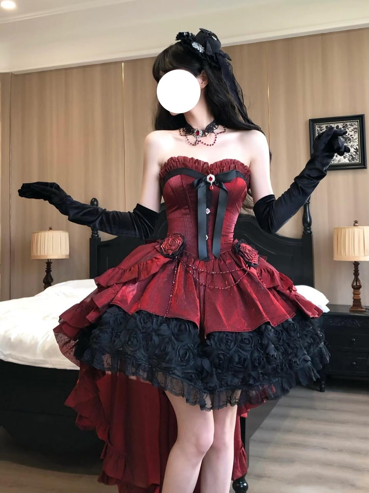 Gothic Wine Red High-Low Lolita Dress Set with Detachable Train