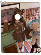 Brown Preppy Lolita Dress Set with Doll Collar Coat & Plaid Skirt