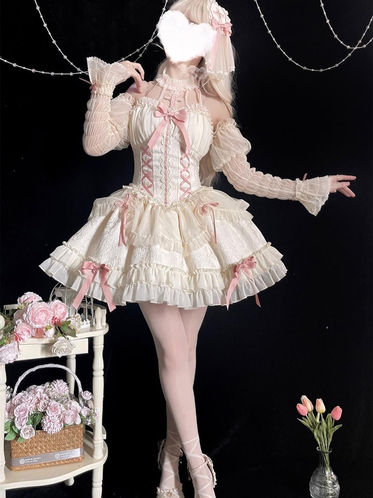 Off-White Pink Gothic Lolita Halter JSK Dress with Sleeves & Hair Clip