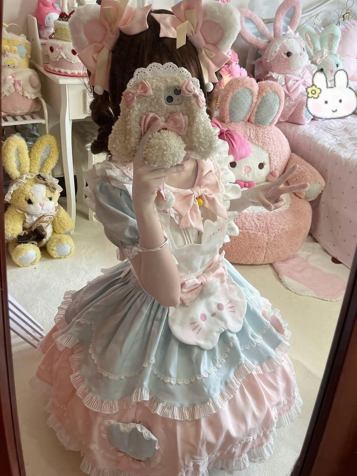 Sweet Cat Lolita OP Dress Short Sleeve Set with Apron & Headband
