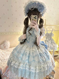 Vintage Old-School Blue Lolita JSK Dress Full Set with Petticoat