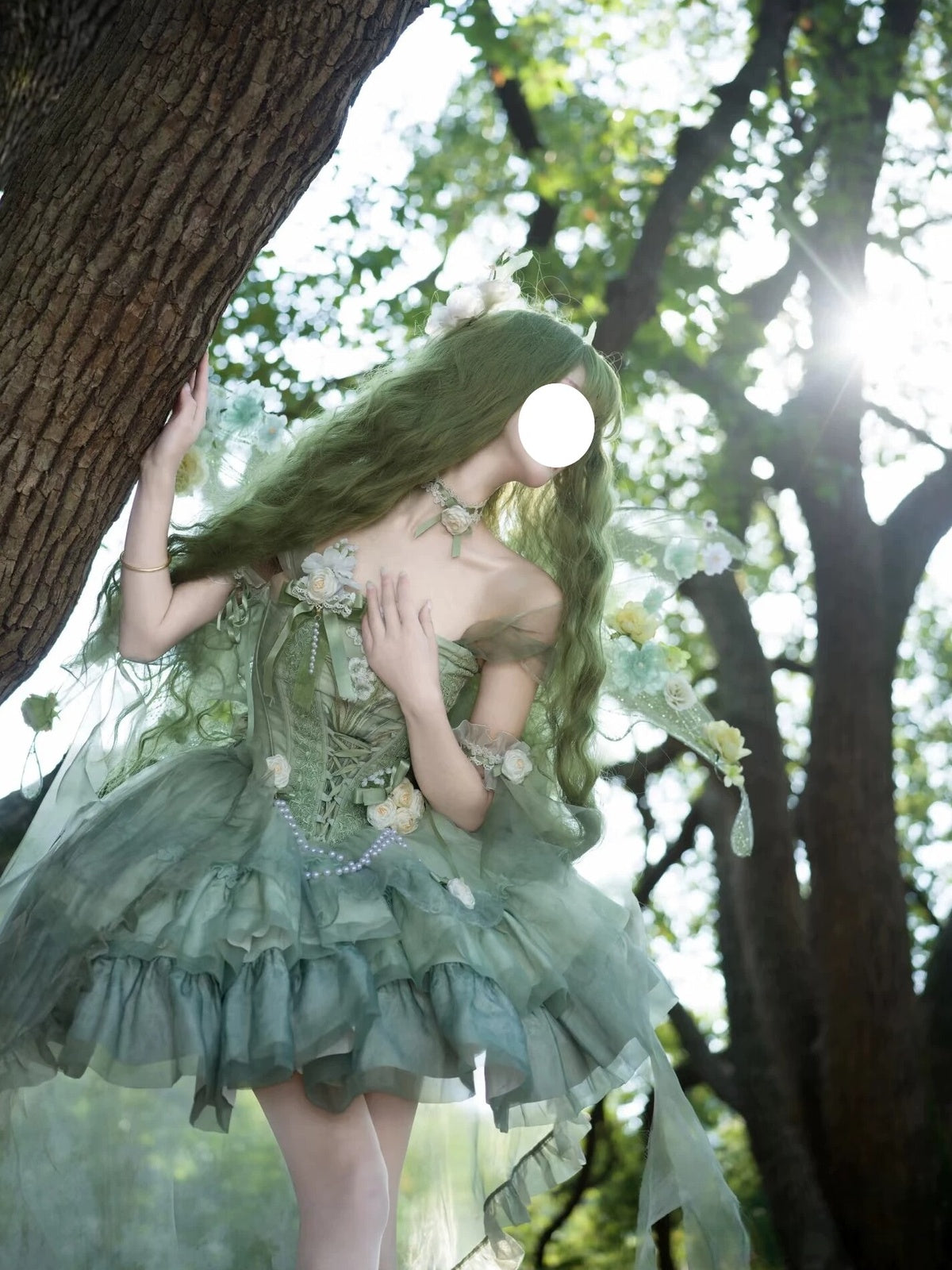 Green Forest Wizard of Oz Lolita Wedding Dress Full Set with Train