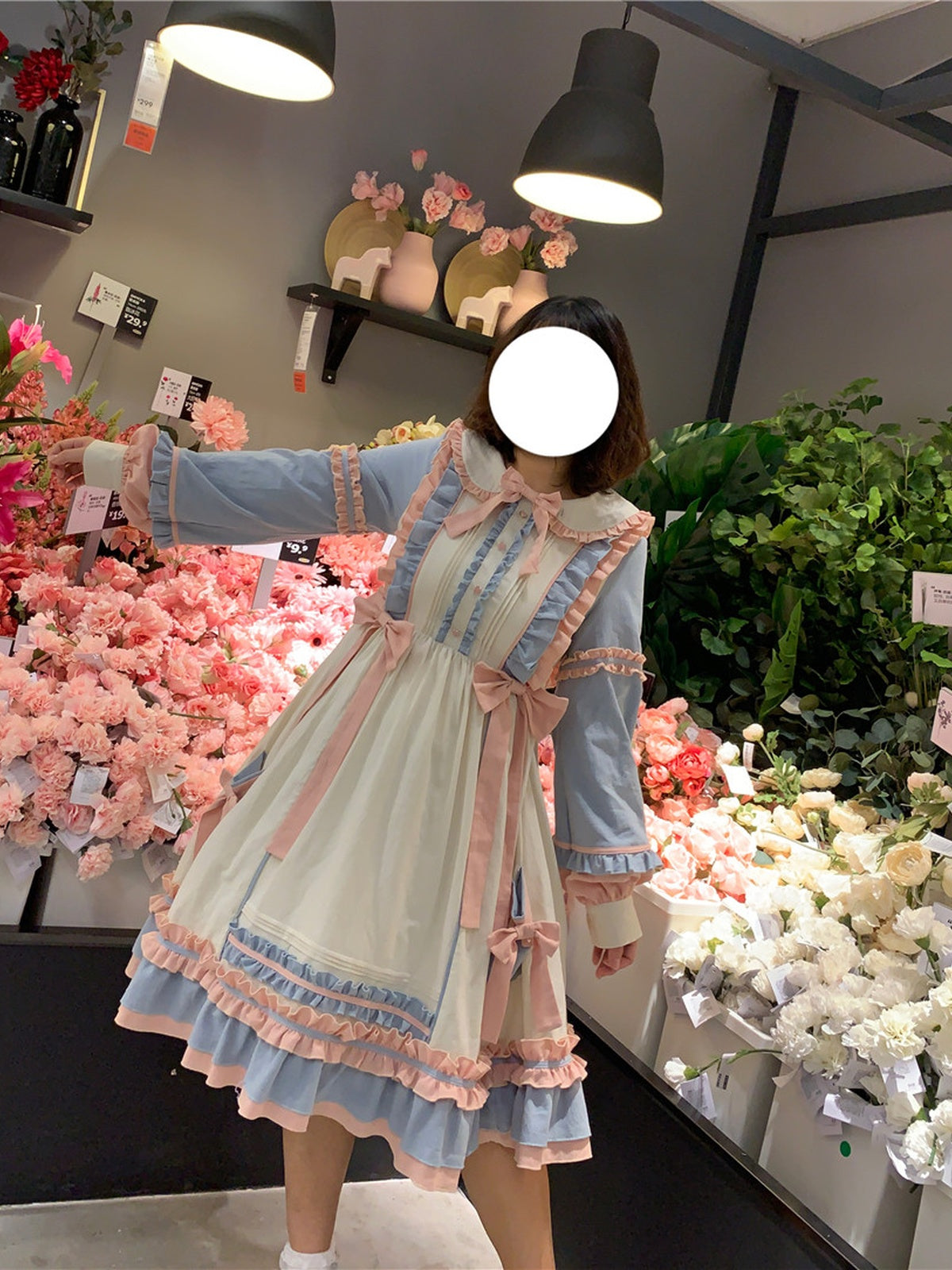 Plus Size Sweet Lolita OP Dress - Pink Blue & Beige Sweet Puff