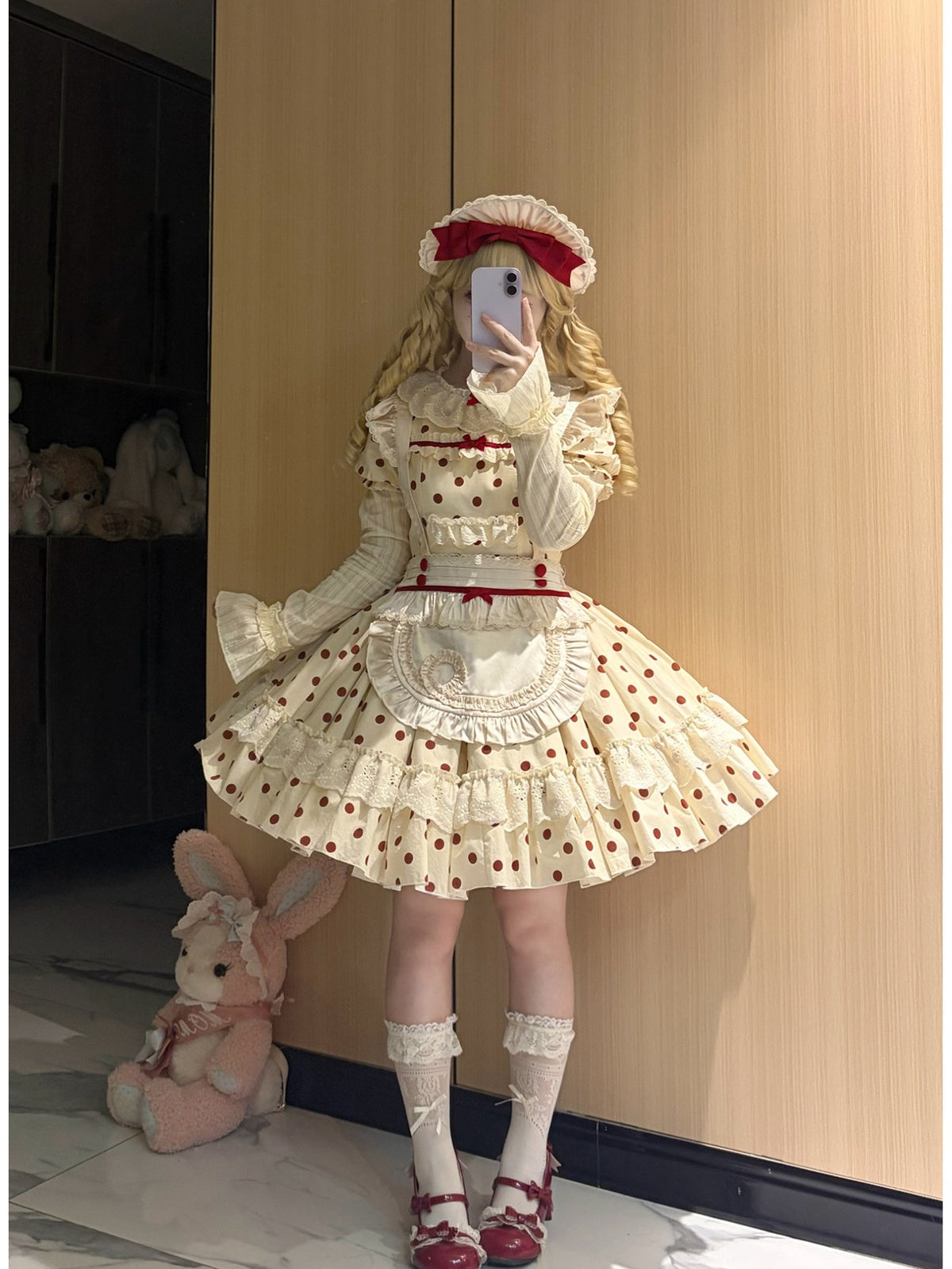 Short Doll Lolita Cotton Print OP Set with Apron & BNT