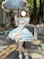 Blue Stripe Sweet Lolita OP Dress Full Set with Hat & Detachable Sleeves