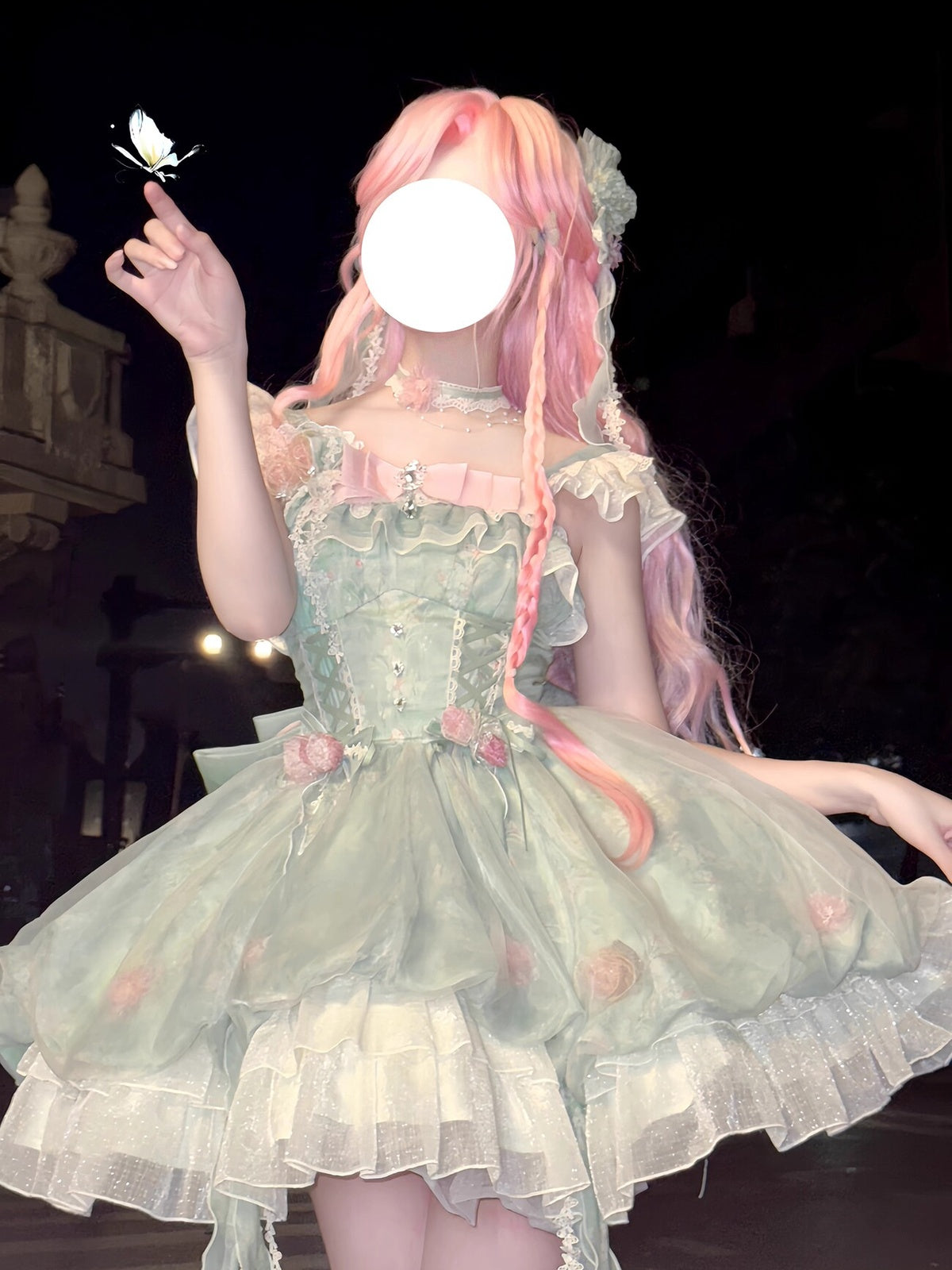 Sweet Mint Green Floral Lolita Princess Dress Set with Train