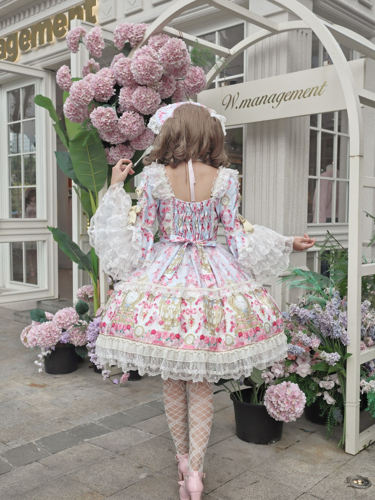 Sweet Blue Lolita OP Long Sleeve Dress & Bonnet Hat Set