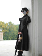 Gothic Black Long Lolita Dress Set with Bowknot Cape & Knit Sleeves