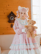 Pink Polka Dot Sweet Lolita OP Long Sleeve Dress & Headpiece