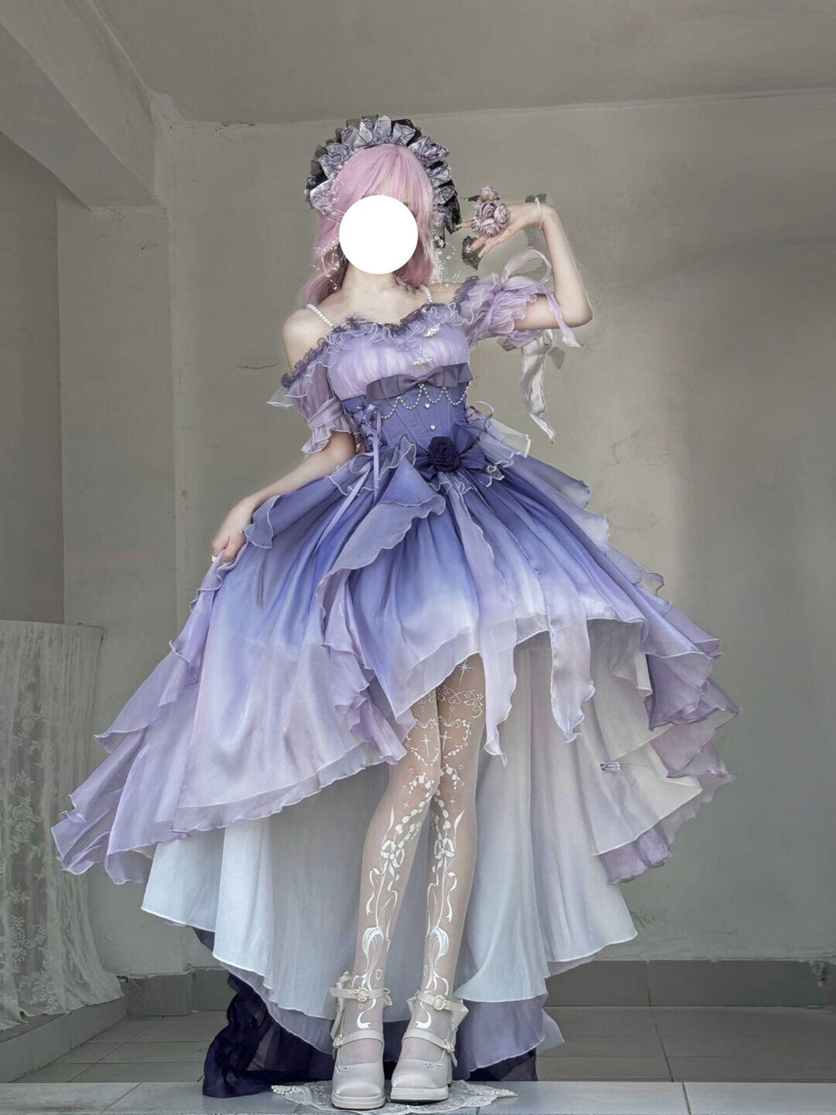Purple Gradient Wedding Lolita High-Low Dress Set with Long Train