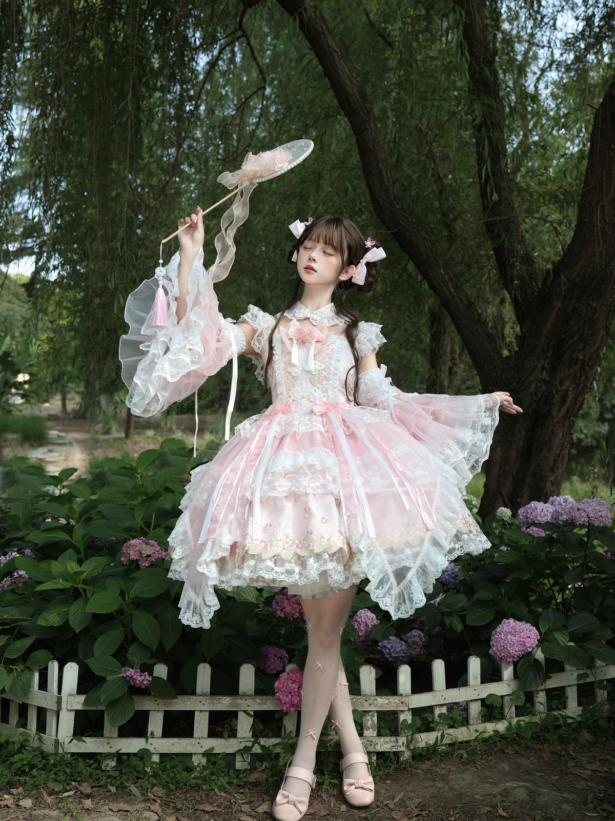 Pink Qi Lolita JSK Dress with Detachable Sleeves & Back Bow