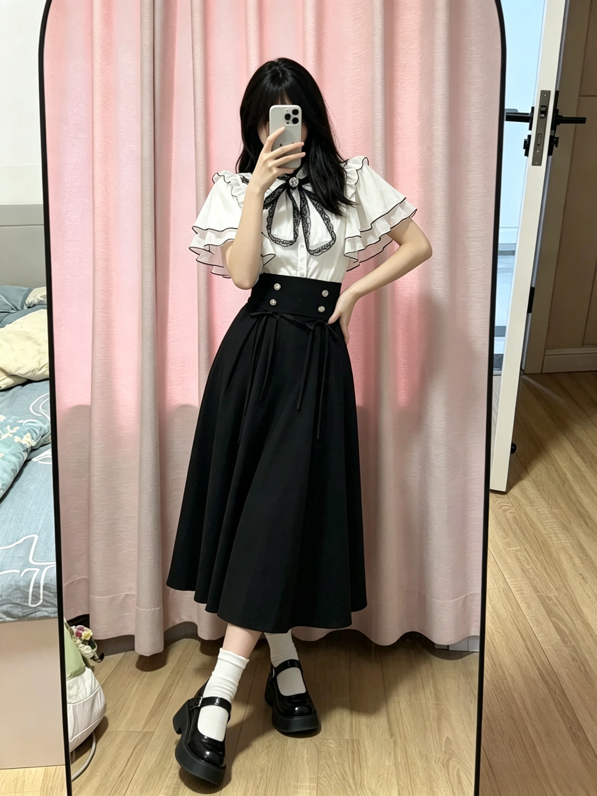 Cute White Jirai Kei School Girl Lolita Dress Long Sleeve Mini Skirt Set