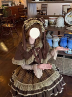 Brown Plaid Lolita Dress Set with Vintage Cape & Long Sleeve Blouse