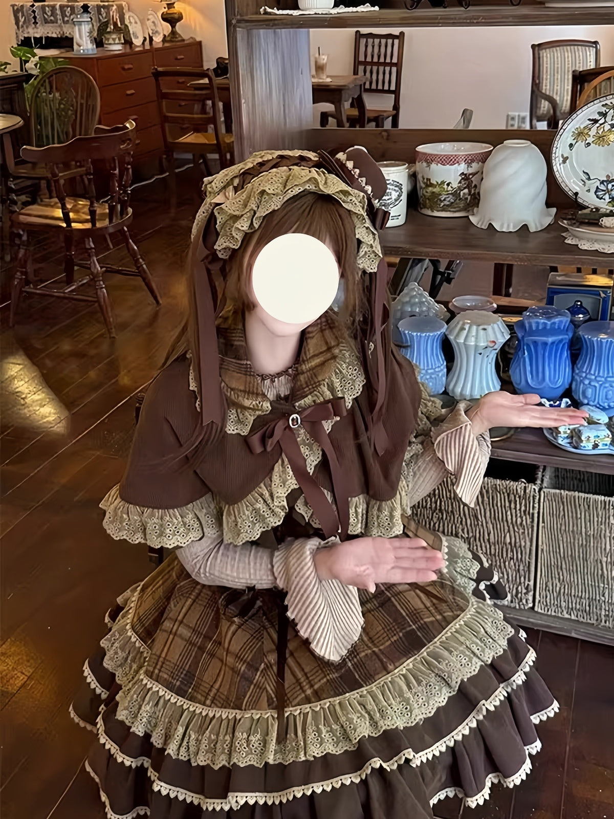 Brown Plaid Lolita Dress Set with Vintage Cape & Long Sleeve Blouse