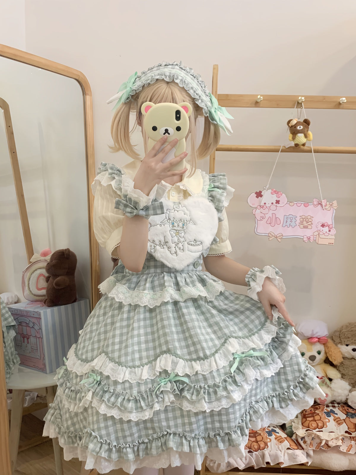 Mint Green Gingham Sweet Lolita JSK Dress & Accessory Set