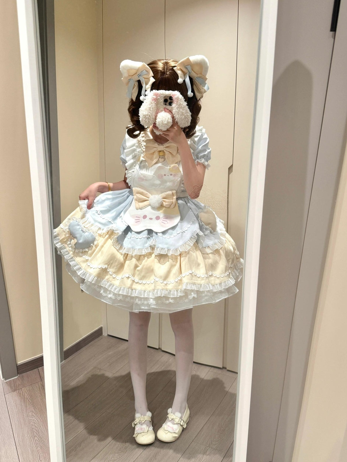 Sweet Cat Lolita OP Dress Short Sleeve Set with Apron & Headpiece