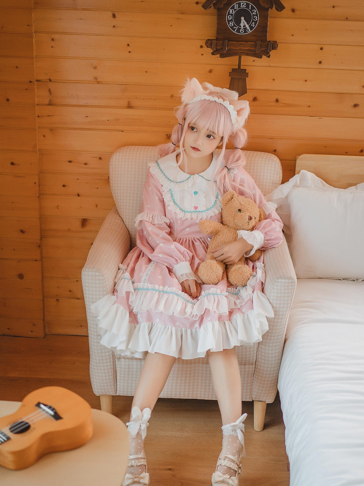 Pink Polka Dot Sweet Lolita OP Long Sleeve Dress & Headpiece