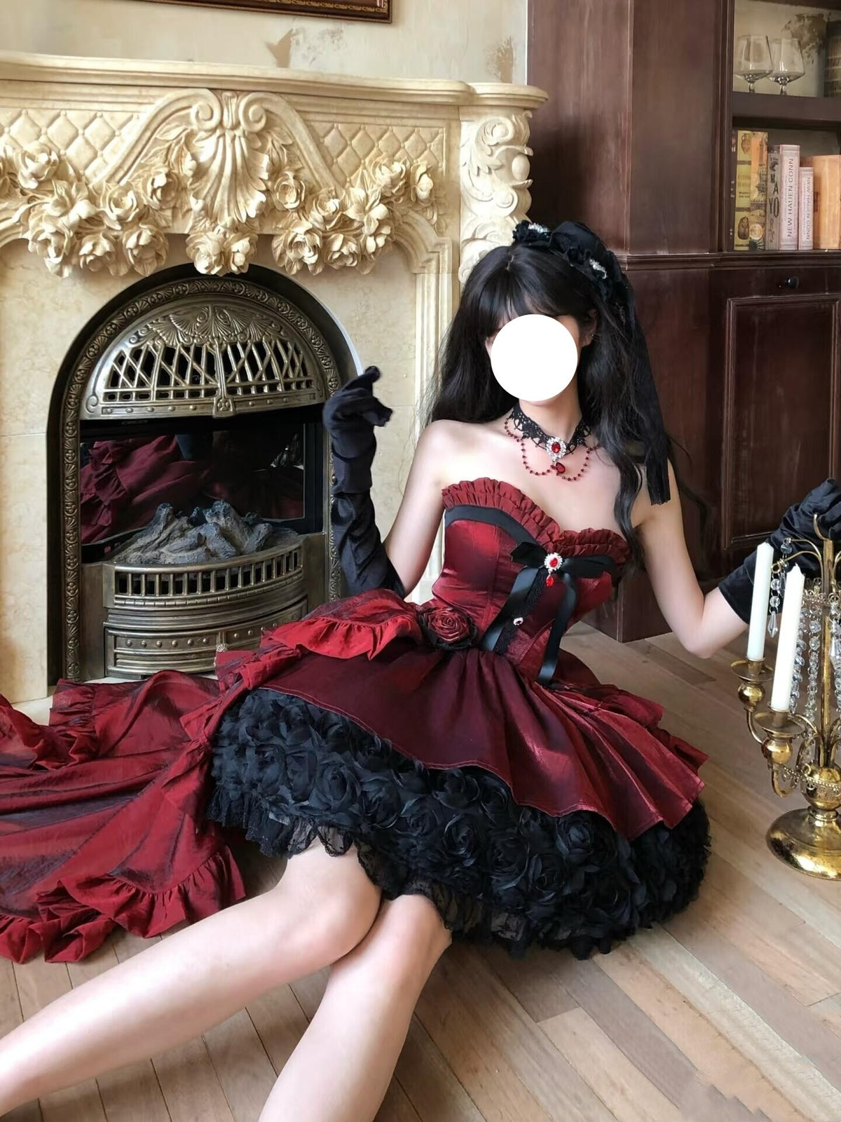 Gothic Wine Red High-Low Lolita Dress Set with Detachable Train