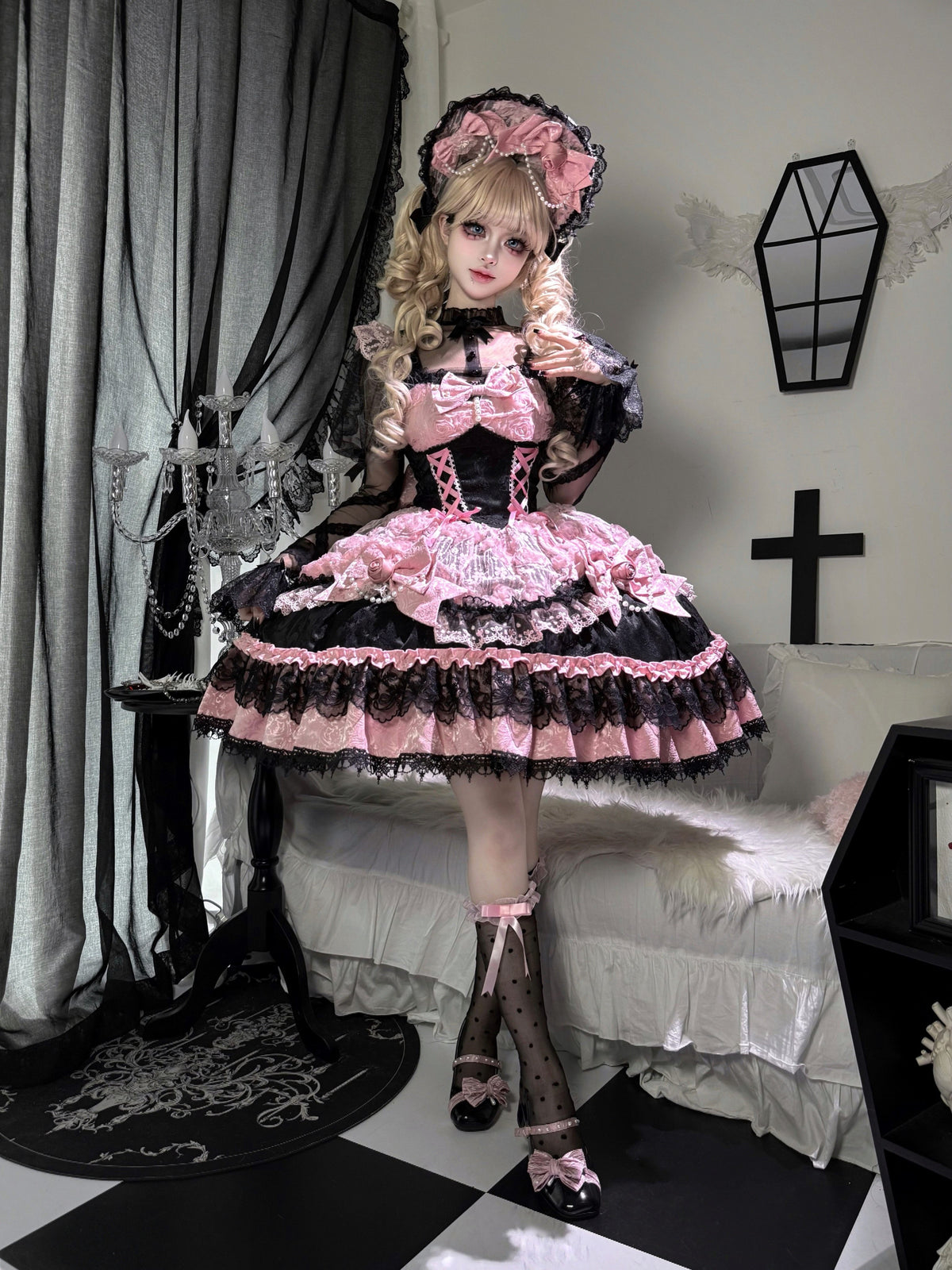 Black Pink Gothic Lolita JSK Dress Set with Bonnet | Doll Gown
