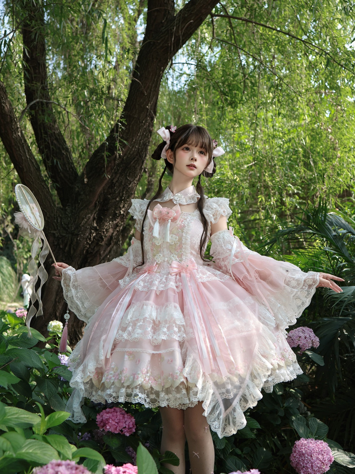 Pink Qi Lolita JSK Dress with Detachable Sleeves & Back Bow
