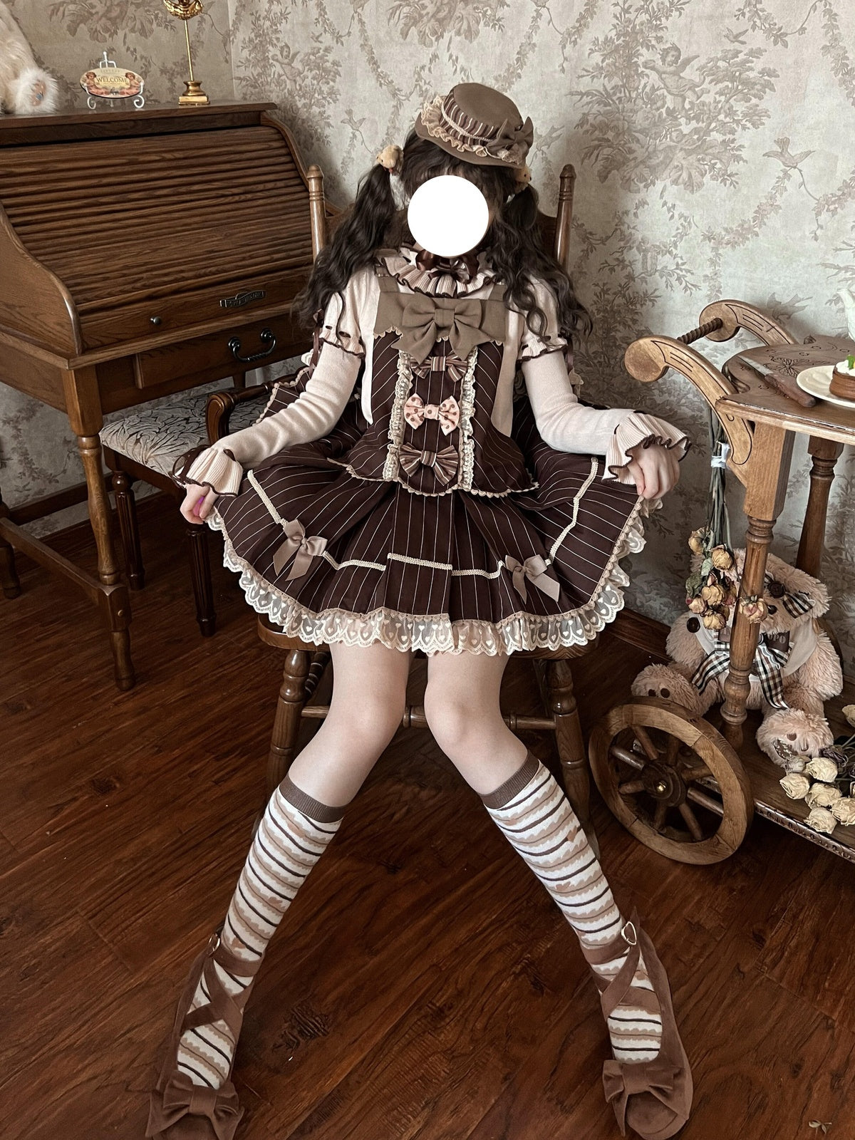 Tiramisu Brown Sweet Lolita JSK Dress Set with Knit Blouse