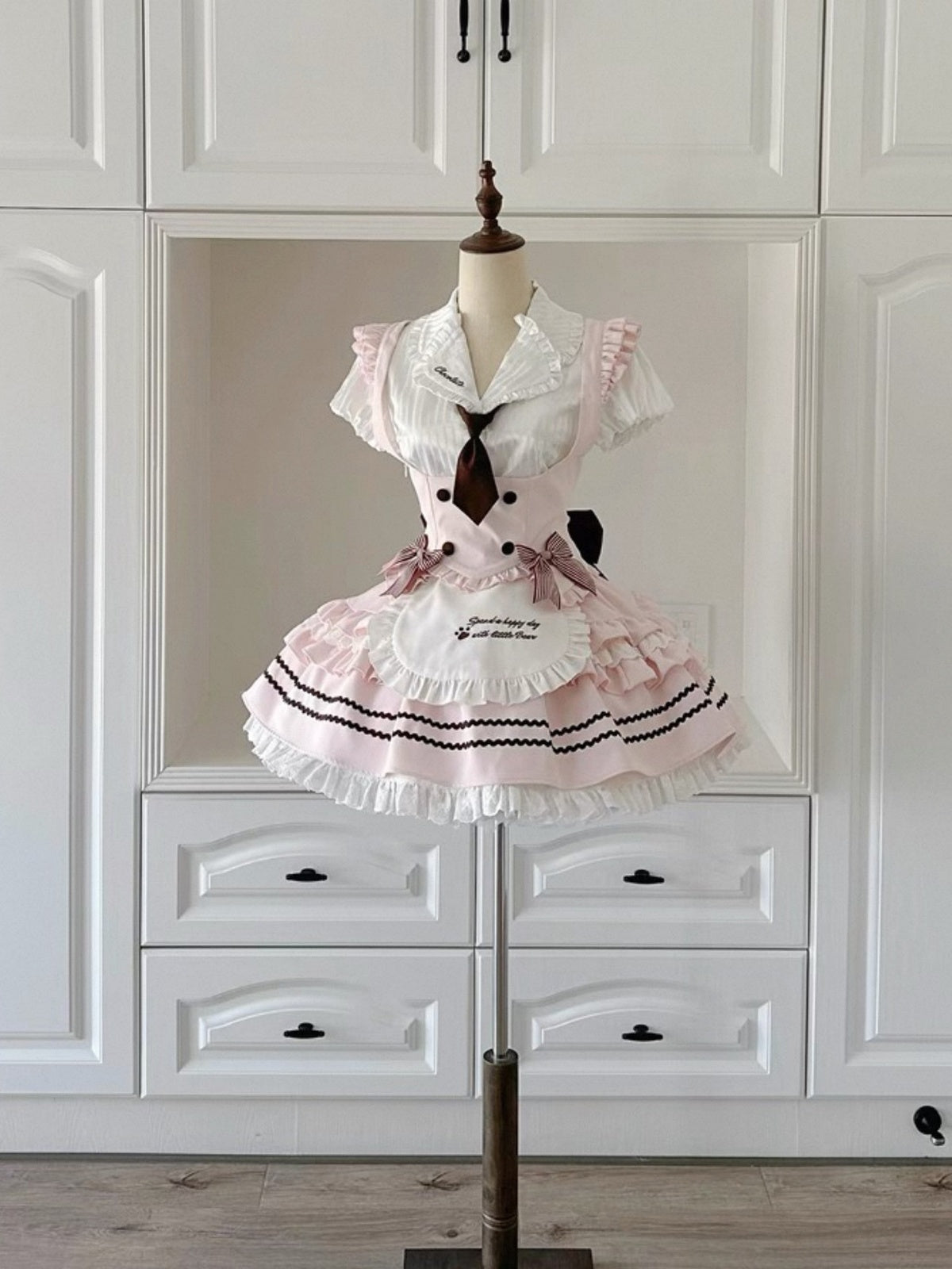 Pink Sweet Maid Lolita Dress Set with Blouse & Vest 3-Piece Full Set