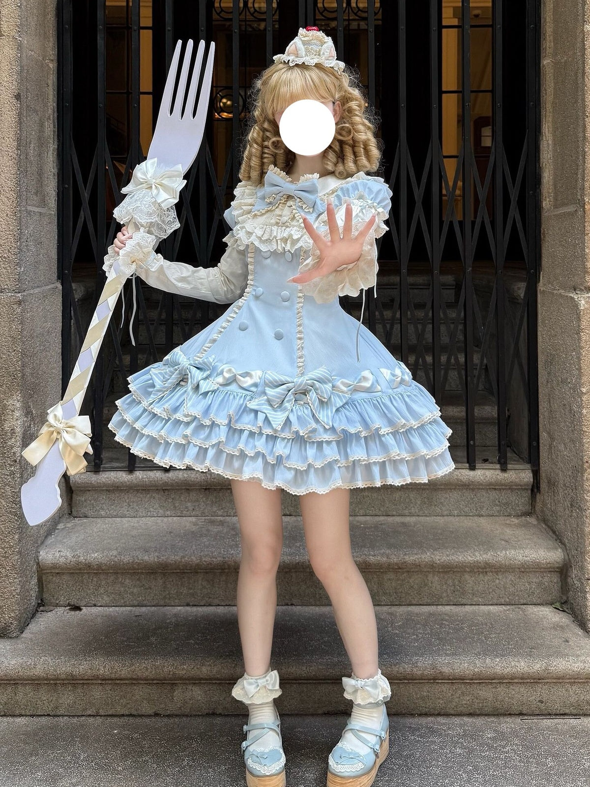 Blue Stripe Sweet Lolita OP Dress Full Set with Hat & Detachable Sleeves