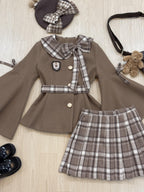 Brown Preppy Lolita Dress Set with Doll Collar Coat & Plaid Skirt
