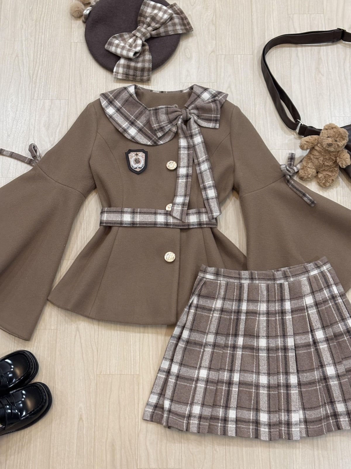 Brown Preppy Lolita Dress Set with Doll Collar Coat & Plaid Skirt