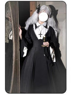 Black Gothic Nun Lolita OP Set with Cape & Necklace