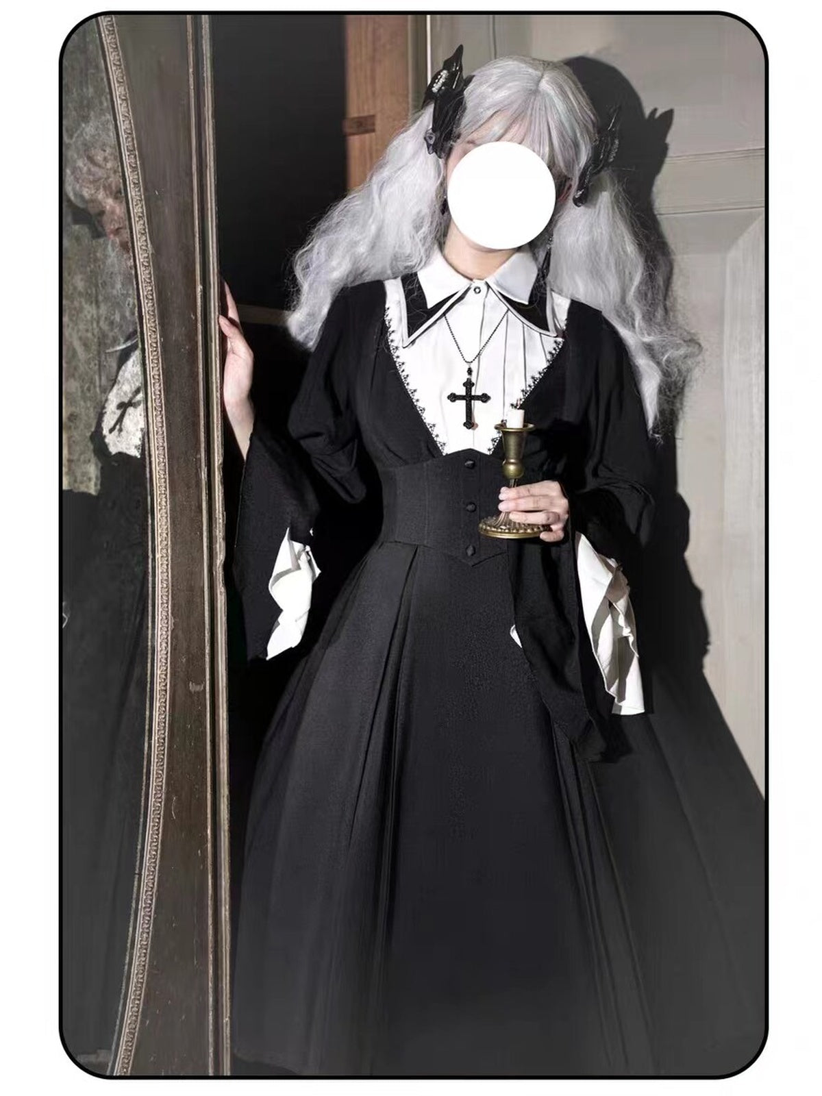 Black Gothic Nun Lolita OP Set with Cape & Necklace